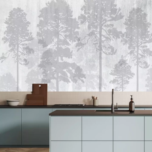 Fotobehang Silhouetten van bomen in de mist met een betoneffect