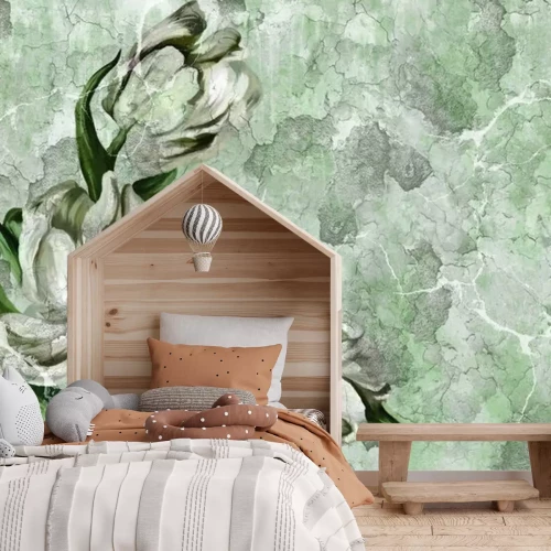 Fotobehang Witte bloem op een gebarsten muur