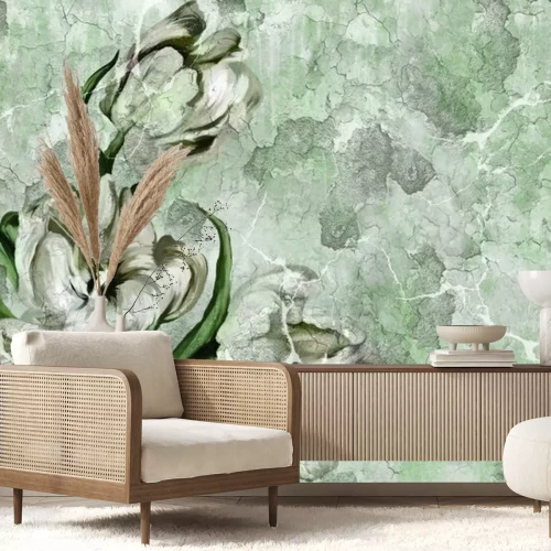 Fotobehang Witte bloem op een gebarsten muur