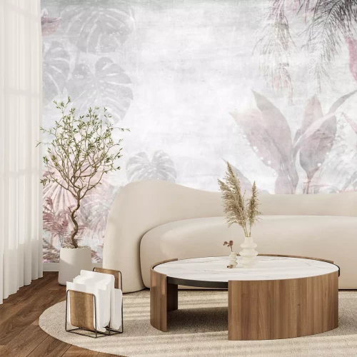 Fotobehang Roze en grijze tropische planten op een betonnen achtergrond