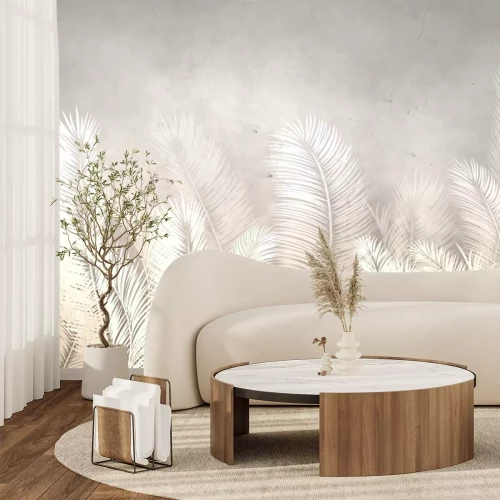 Fotobehang Grote palmbladeren op een gestructureerde achtergrond met betoneffect