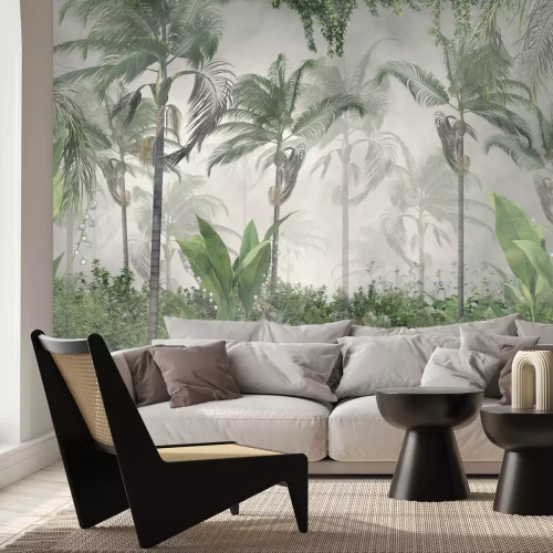 Fotobehang Groene tropische vegetatie in een mistige jungle