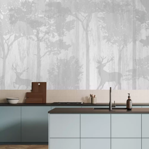 Fotobehang Mystiek grijs bos met herten en bomen