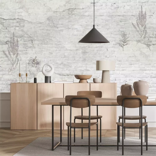 Fotobehang Rustieke witte muur met lavendelbloemen