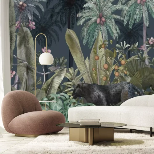 Fotobehang Tropische jungle met zwarte panter