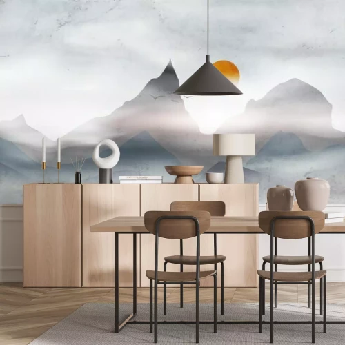 Fotobehang Bewolkte hemel over berglandschap