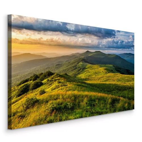 Canvas Beautiful summer mountain landscape. Green meadow and the blue sky. Polonina Wetlinska, Bieszczady, Carpathians, Poland.