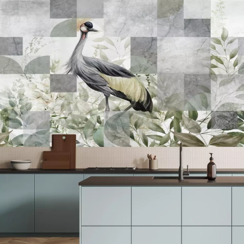 Fotobehang Een kraanvogel tussen de bladeren