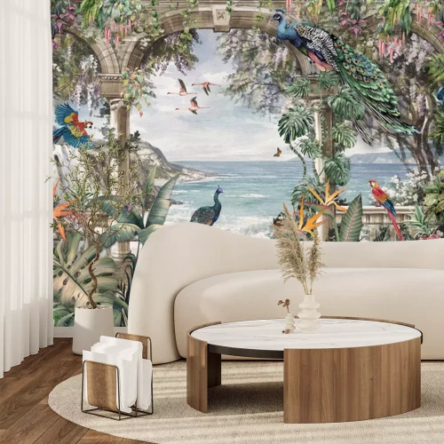 Fotobehang Exotische vogels, flamingo&#39;s en pauwen in de tropen