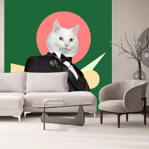 Sticker Costume and a black tie with a white cat head. Digital collage modern art.