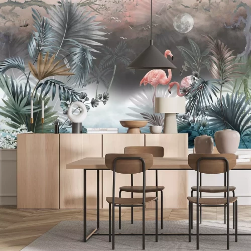 Fotobehang Wild landschap met flamingo's, de maan en het meer