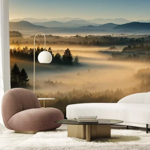 Fotobehang Bergboslandschap bij zonsopgang