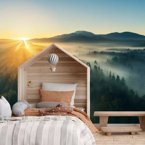 Fotobehang Zonsopgang boven een bos in het mistlandschap