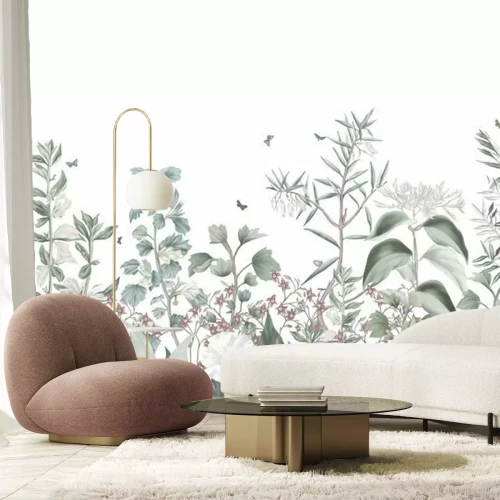 Fotobehang Pastelillustratie van bladeren en vlinders