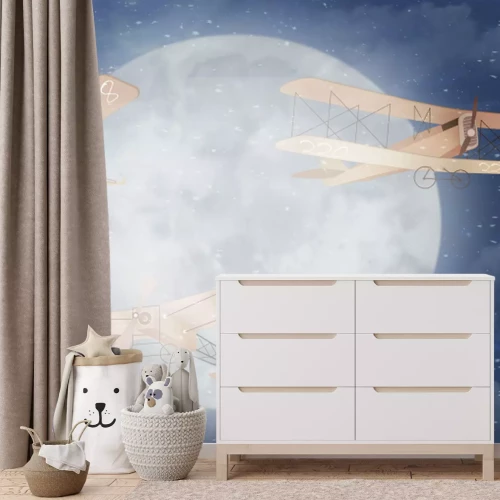 Fotobehang Drie vliegtuigen tegen de maan