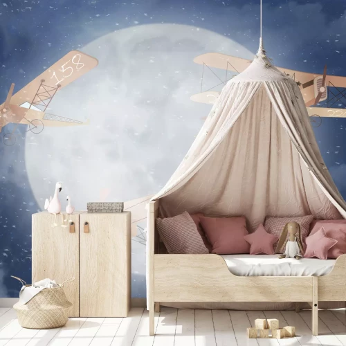 Fotobehang Drie vliegtuigen tegen de maan