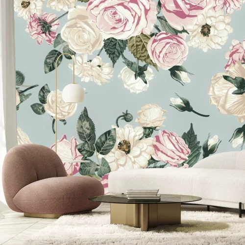 Fotobehang Romantische roze en beige bloemen