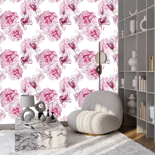 Behang Magnolia's en pioenrozen in een boeket