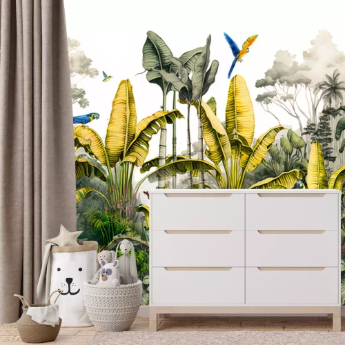 Fotobehang Tropische planten en papegaaien in de jungle