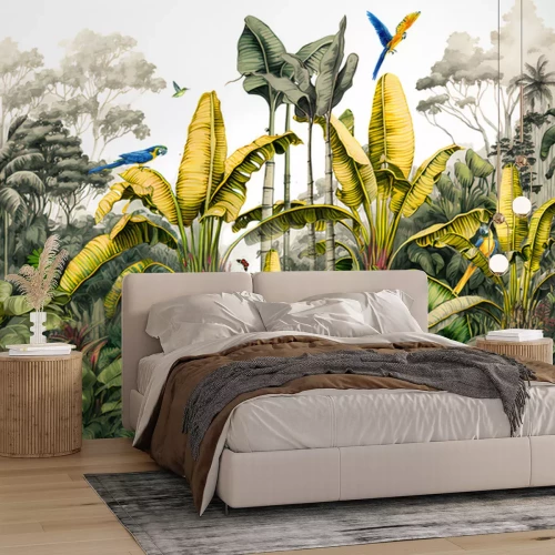 Fotobehang Tropische planten en papegaaien in de jungle