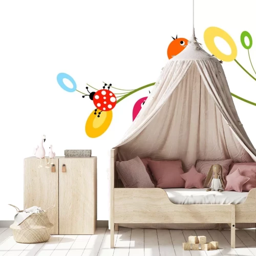 Sticker Veelkleurige twijgen van plantenvogels en lieveheersbeestjes