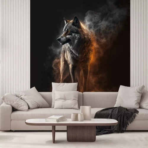 Fotobehang Een wolf in een rookwolk op een zwarte achtergrond