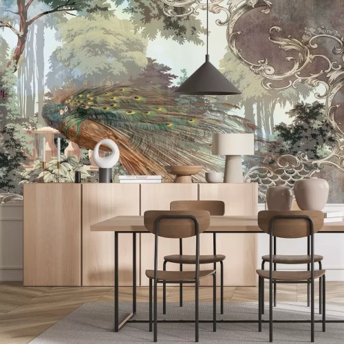 Fotobehang Prachtige pauw tussen bladeren in vintage stijl