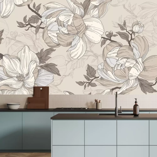 Fotobehang Seamless wallpaper pattern. Beige and silver flowers, leaves and branches. Textile composition, hand drawn style print.