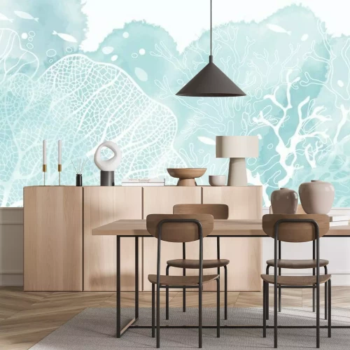 Fotobehang Koralen en vissen in de diepzee in wit en blauw