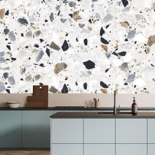 Sticker Terrazzo marble flooring seamless texture. Natural stones, granite, marble, quartz, limestone, concrete. Beige background with colored chips.