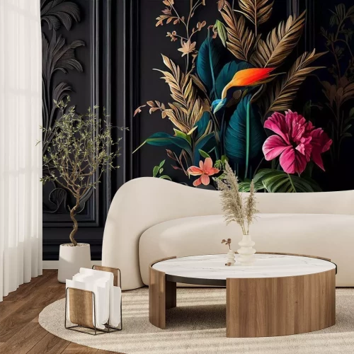 Fotobehang Donker stucwerk en exotische 3D bloemen