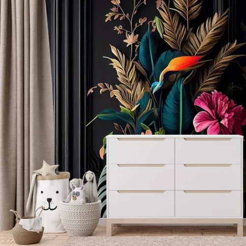 Fotobehang Donker stucwerk en exotische 3D bloemen