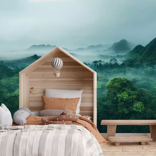 Fotobehang Mist boven de kronen van tropische bomen