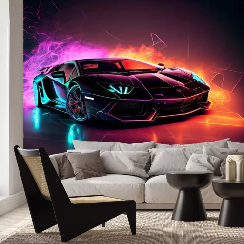 Fotobehang Sportauto op een neonachtergrond