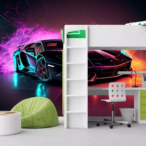 Fotobehang Sportauto op een neonachtergrond