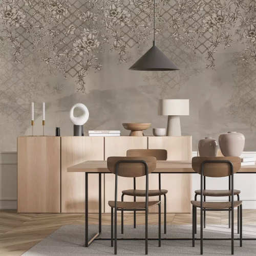 Fotobehang Wijnranken met bloemen in beige tinten