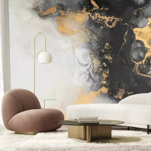Fotobehang Zwart-witte marmertextuur met gouden accenten