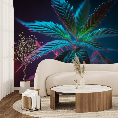 Fotobehang Marihuanablad in rood licht