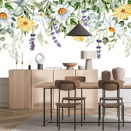 Fotobehang Een krans van madeliefjes en wilde bloemen