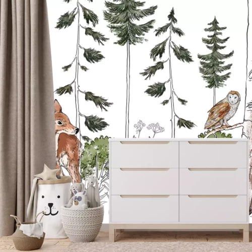 Fotobehang Schattige dieren in een aquarelbos