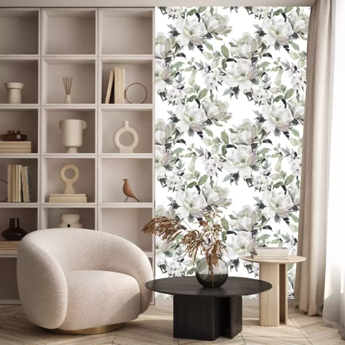 Behang Witte bloemen met groene bladeren