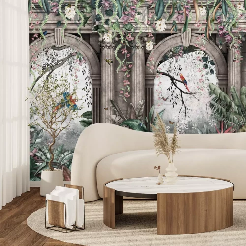 Fotobehang Tropical wall arch wallpaper palm trees, birds and parrot in the forest land escape with flying butterflies