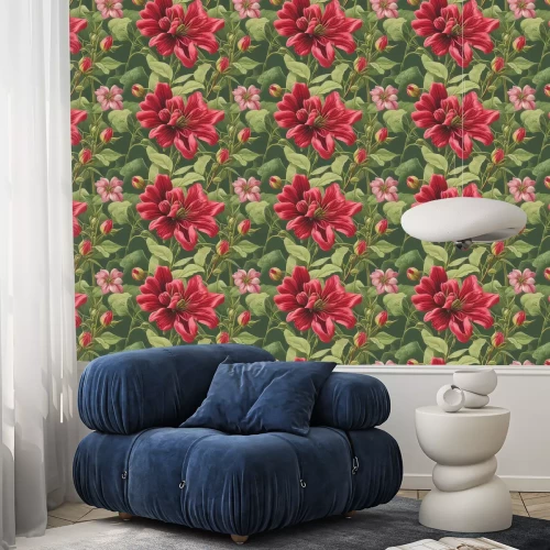 Behang Rode bloemen in een groene tuin