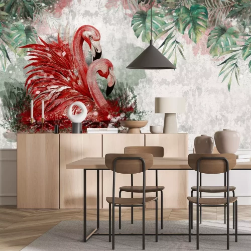 Fotobehang Rode flamingo's en monsterabladeren
