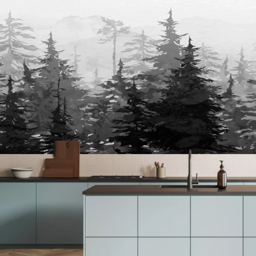 Fotobehang Zwart-wit aquarel bergbos