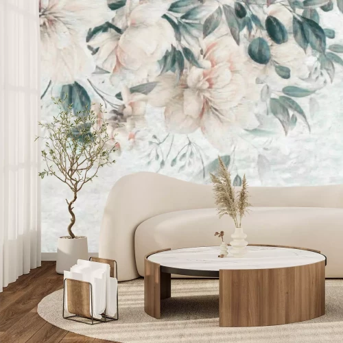 Fotobehang Poederachtige roze en groene bladeren in gedempte kleuren