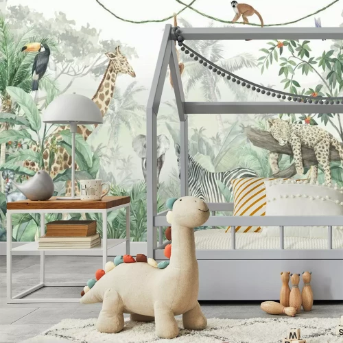 Fotobehang Illustratie van wilde dieren in een dichte jungle