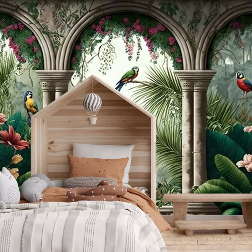 Fotobehang Tropical wall arch wallpaper palm trees birds and parro