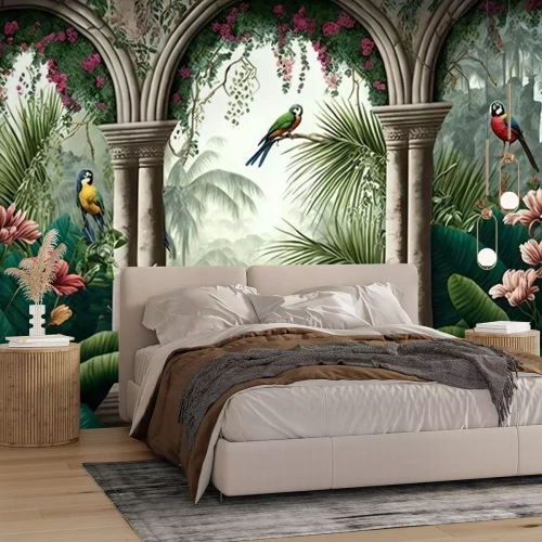 Fotobehang Tropical wall arch wallpaper palm trees birds and parro