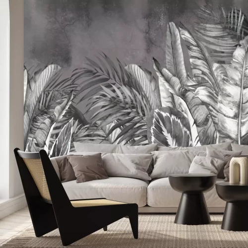 Fotobehang Tropische bladeren in grijstinten